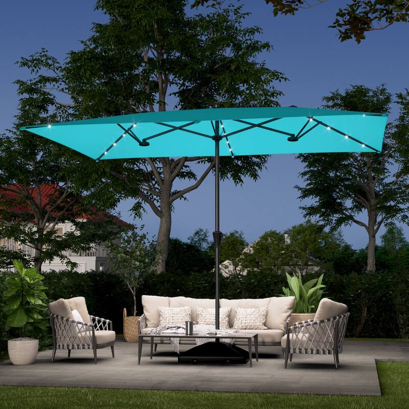 LIVOOSUN 11x7Ft/10x6.5ft LED Large Double-Sided Rectangular Outdoor Patio Market Umbrella with Crank, Navy Blue