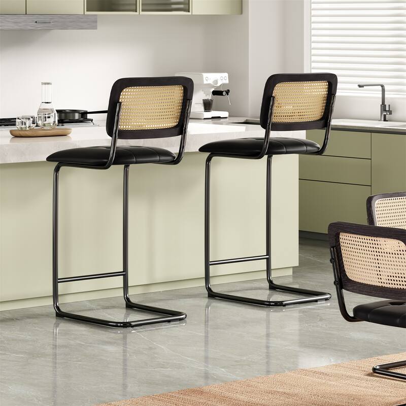 Upholstered PU Leather Barstools with Rattan Back (Set of 2)