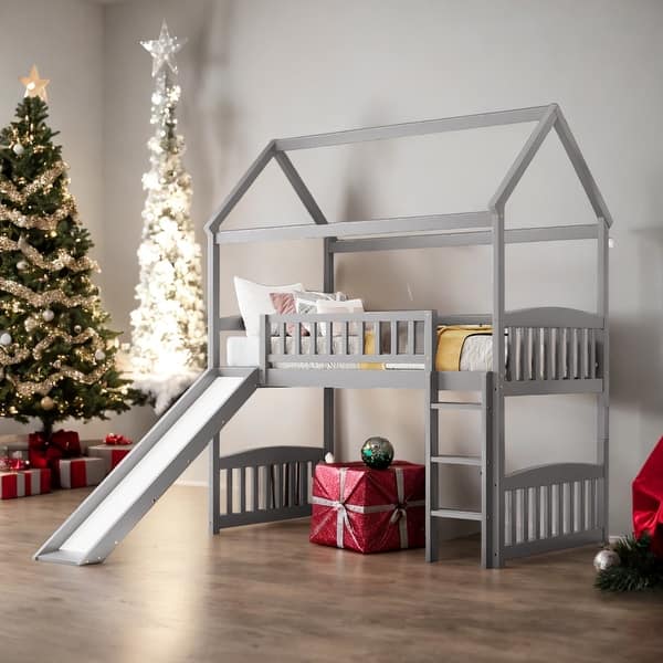 slide 2 of 41, Contemporary Design Twin Loft House Bed with Slide, Ladder and Safety Guaranteed, Sturdy Construction & Unique Design Grey