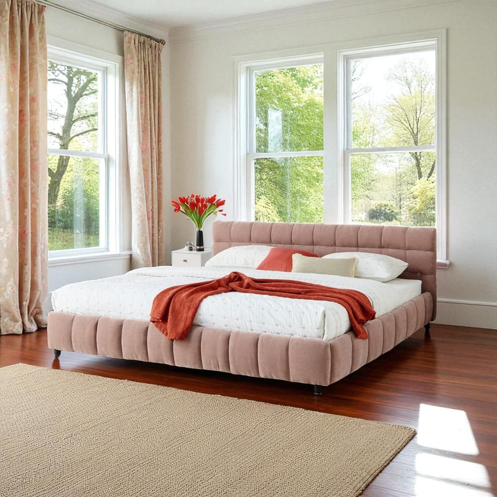 King Upholstered Platform Bed, Chenille Fabric, Headboard, Solid Frame, Under-Bed Storage Drawer, Modern Low-Profile