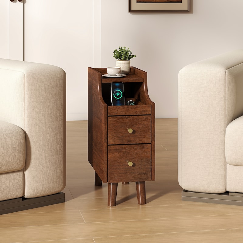 Gymax 2PCS Solid Wood End Table w/Pull-out Tray & 2 Storage Drawers