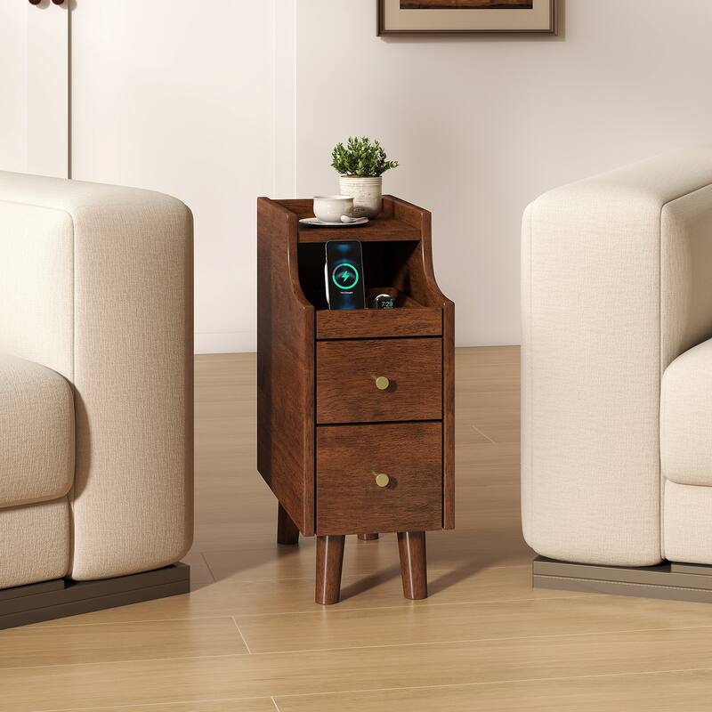 Gymax Solid Wood End Table w/ Pull-out Tray & 2 Storage Drawers Cable