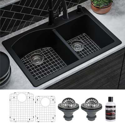 Karran Drop-In Quartz 33 in. 1-Hole 60/40 Double Bowl Kitchen Sink Kit