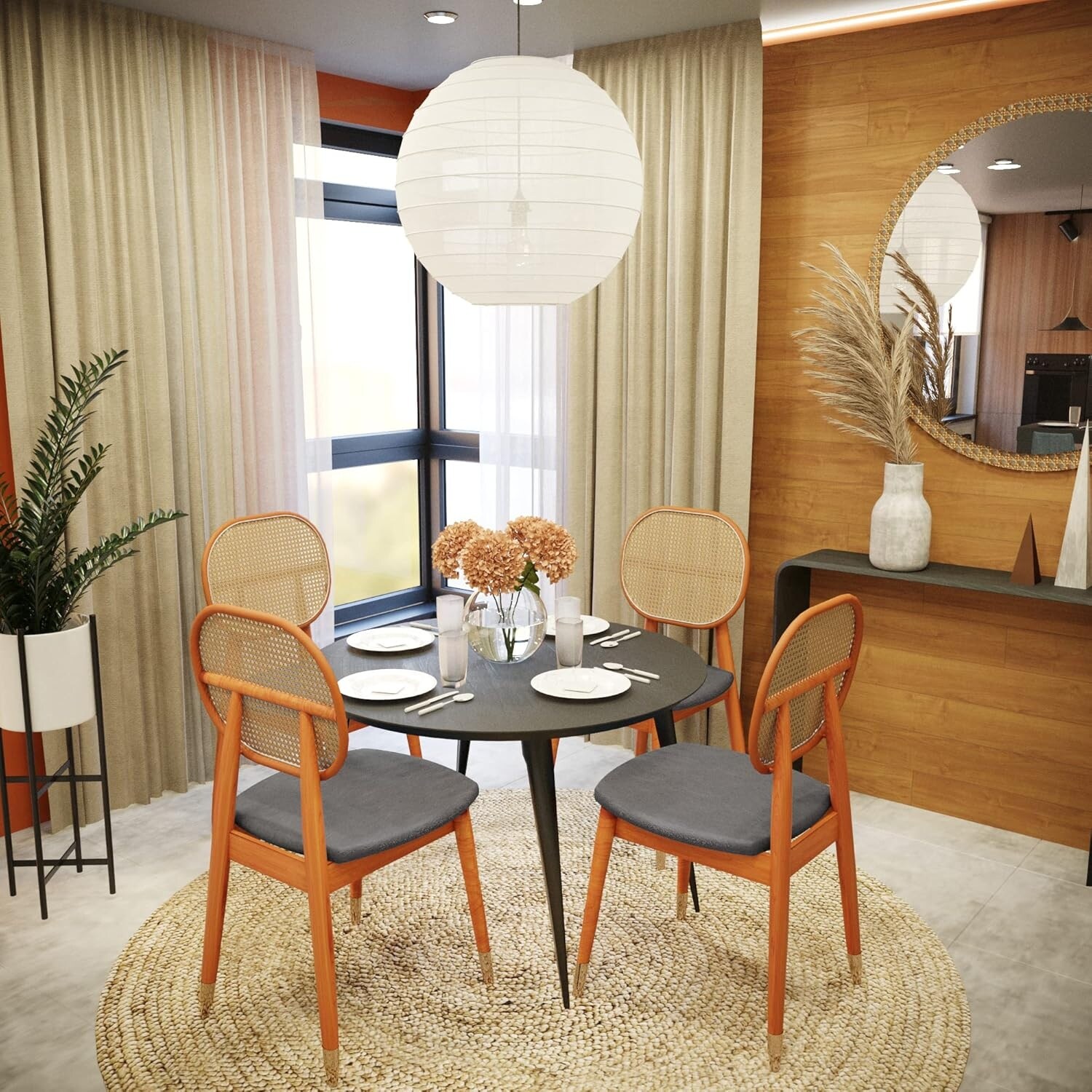 Holbeck Modern Dining Chair, Rattan Wicker Back, Faux Leather Padded Seat, Solid Beech Wood Legs, Fully Assembled, Mid-Century