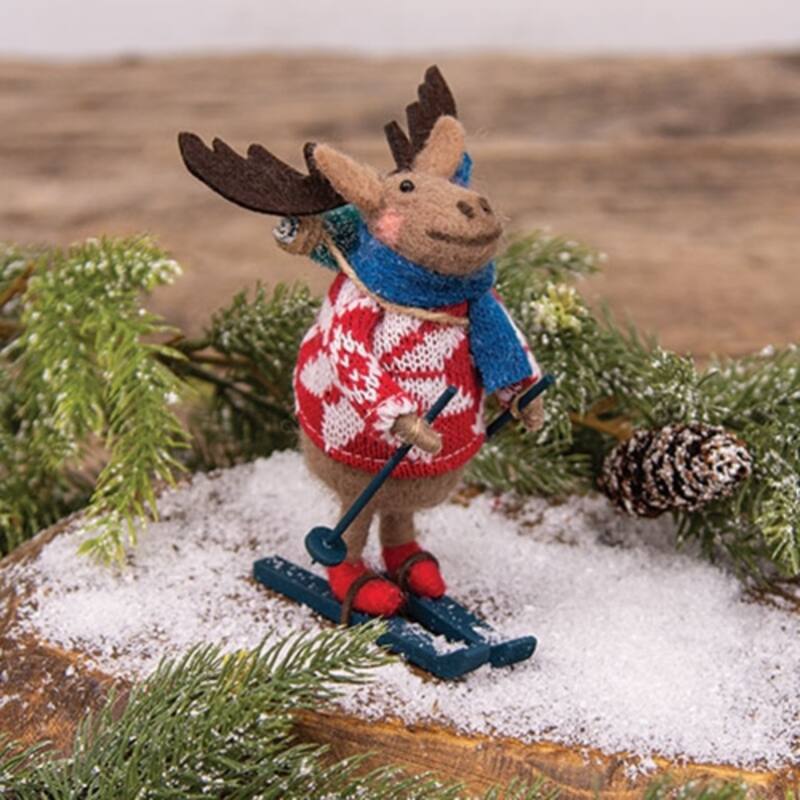 Skiing Moose Felted Ornament for Christmas Tree Decoration - 3.50" x 3.50" x 6"