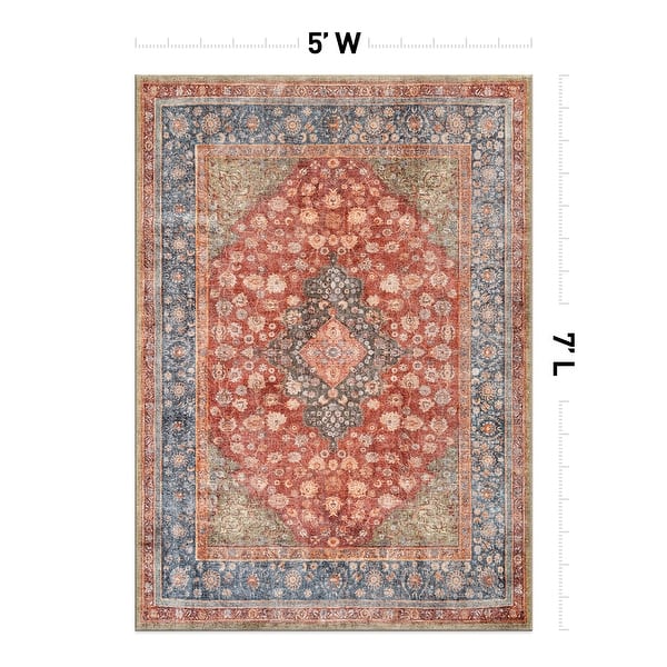dimension image slide 26 of 27, Traditional Flat Pile Washable Rug – Pet Friendly, Non-Slip, Ideal for Living Room, Entryway, or Bedroom