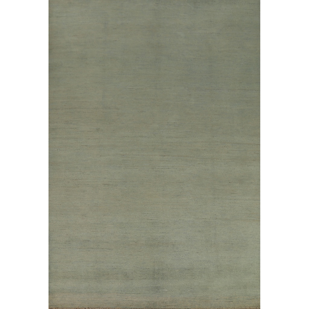 Modern Gabbeh Oriental Area Rug Hand-Knotted Solid Green Wool Carpet - 6'7" x 9'6"