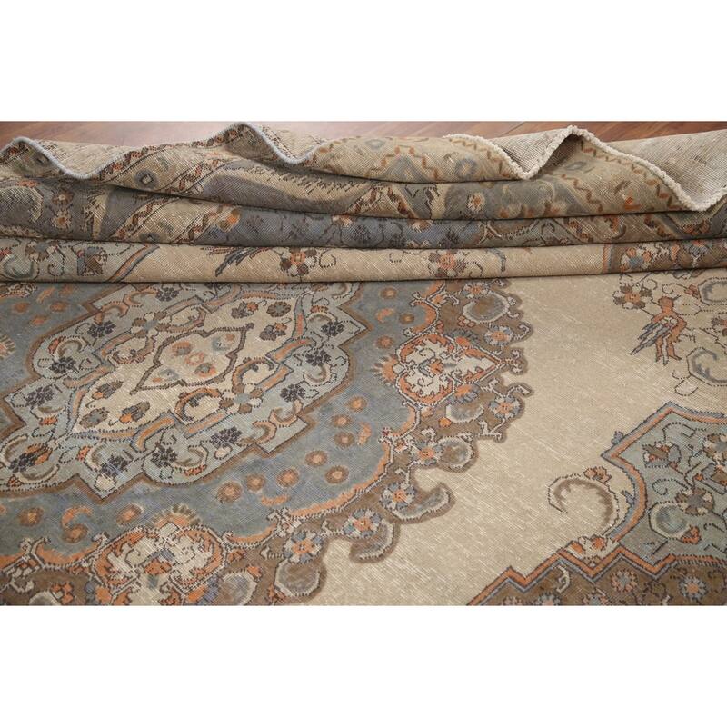 Hand Knotted Oriental 100% Wool Carpet Traditional Medallion Beige & Ivories Tabriz Area Rug - 12' 10'' X 9' 2''
