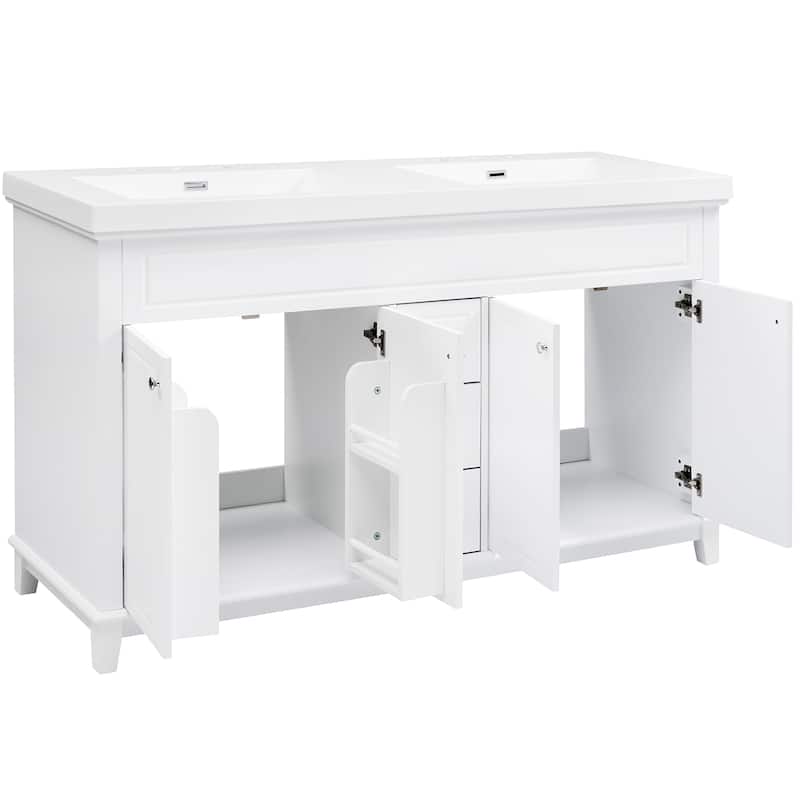 60" Bathroom Vanity-Classic-Wood Legs-Resin Double Sinks with Soft-Close Drawers & Doors.
