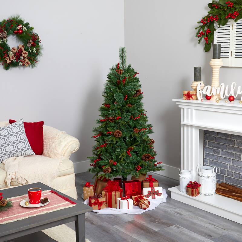 5' Norway Mixed Pine Artificial Christmas Tree with 200 Clear LED Lights, Pine Cones and Berries