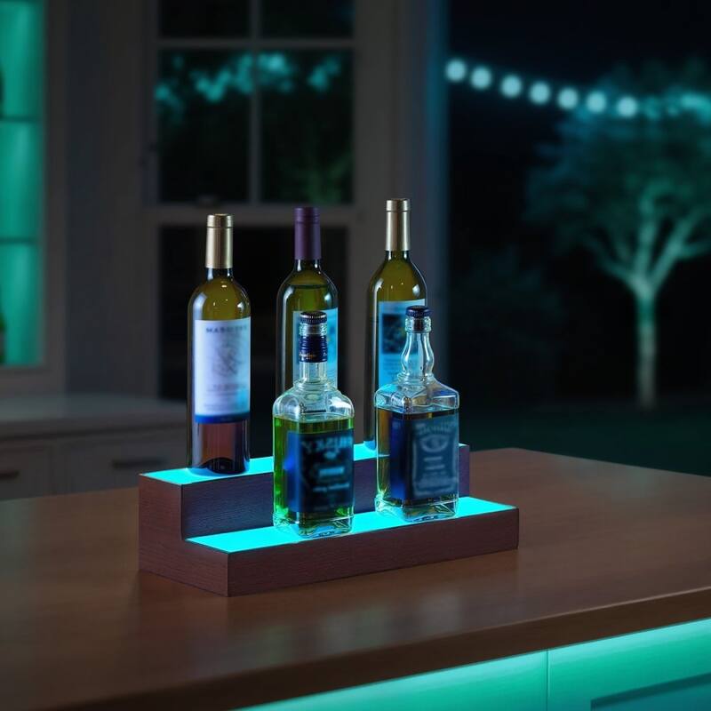Multi-Color Acrylic and Pine Wood 2-Tier Wine Display Shelf with LED Lighting and Remote Control