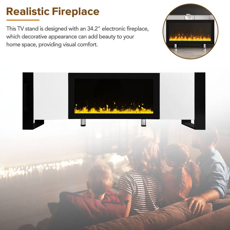 Modern High Gloss Finish V Stand with 34.2" Non-heating Electric Fireplace, Entertainment Center with 2 Cabinets
