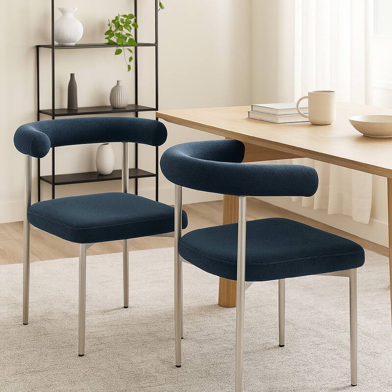 Shany Dining Chair Set of 2, Curved Back Brushed Steel, Blue Polyester