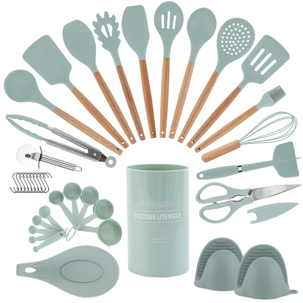 Country Kitchen Non Stick Silicone Utensil Set with Rounded Wood Handles for Cooking and Baking, 8-38 Piece Set