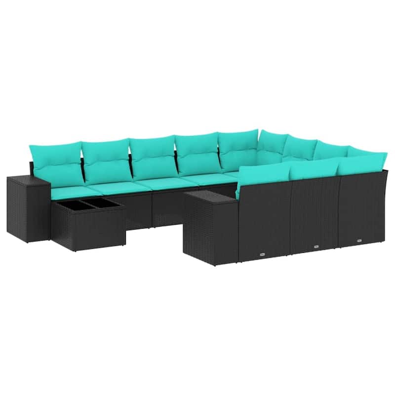vidaXL 11 Piece Patio Sofa Set with Cushions Black Poly Rattan - 24.4 x 24.4 x 27.2-With table