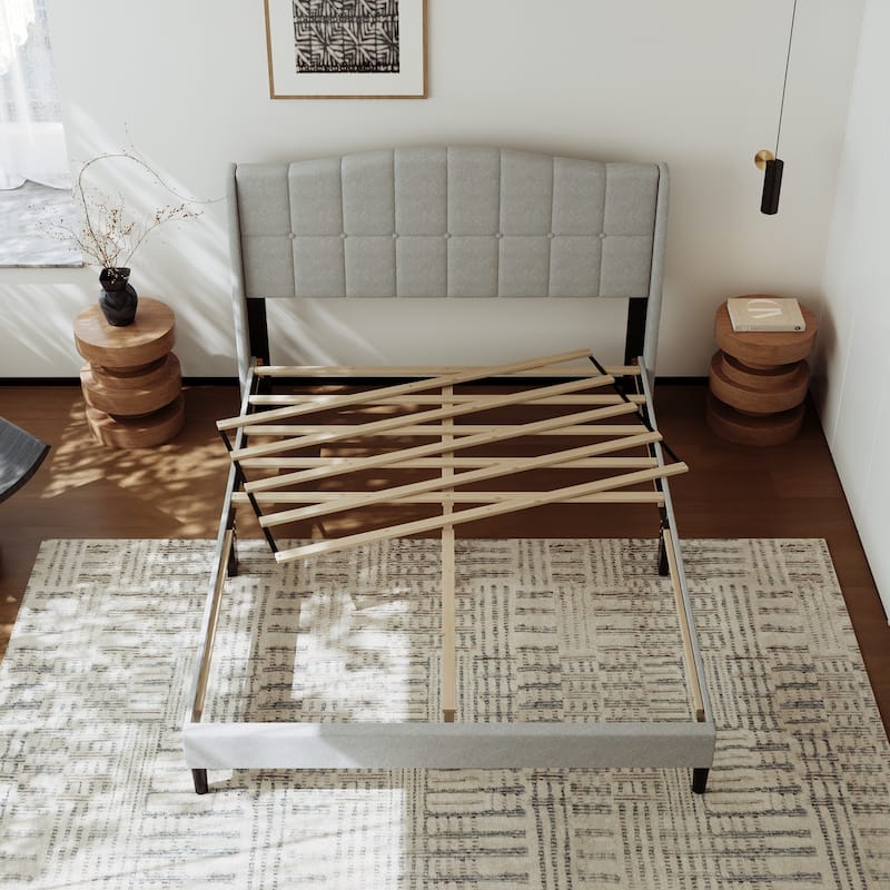 Upholstered Platform Bed Frame with Wingback Headboard and Wooden Slats