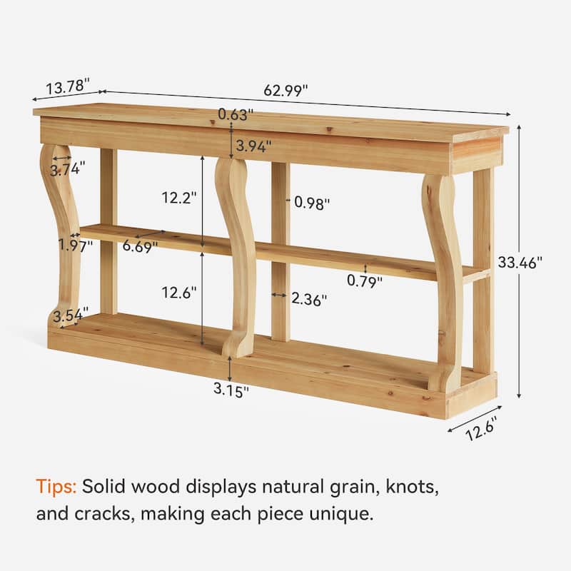 63 Inch Solid Wood Console Table for Entryway, 3-Tier Storage Shelves
