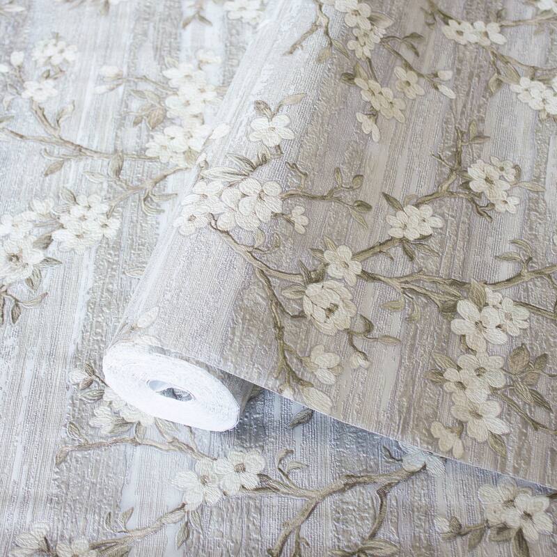 Flocked Botanical Blossom Pattern Stylish Floral Wallpaper