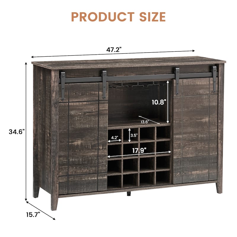 Farmhouse 47" Wine Bar Cabinet Buffet Sideboard Cabinet with 16 Bottle Wine Rack - 15.7"D x 47.2"W x 34.61"H