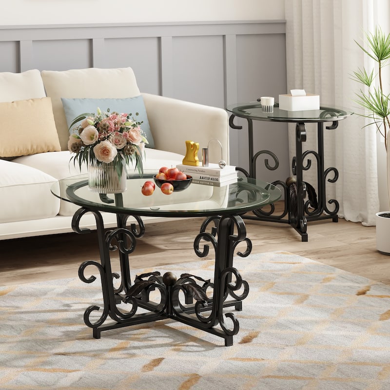 3-Piece Coffee Table Set,Tempered Glass Surface with Sturdy Metal Frame-Modern Living Room Sets(1 Coffee Table + 2 End Tables)