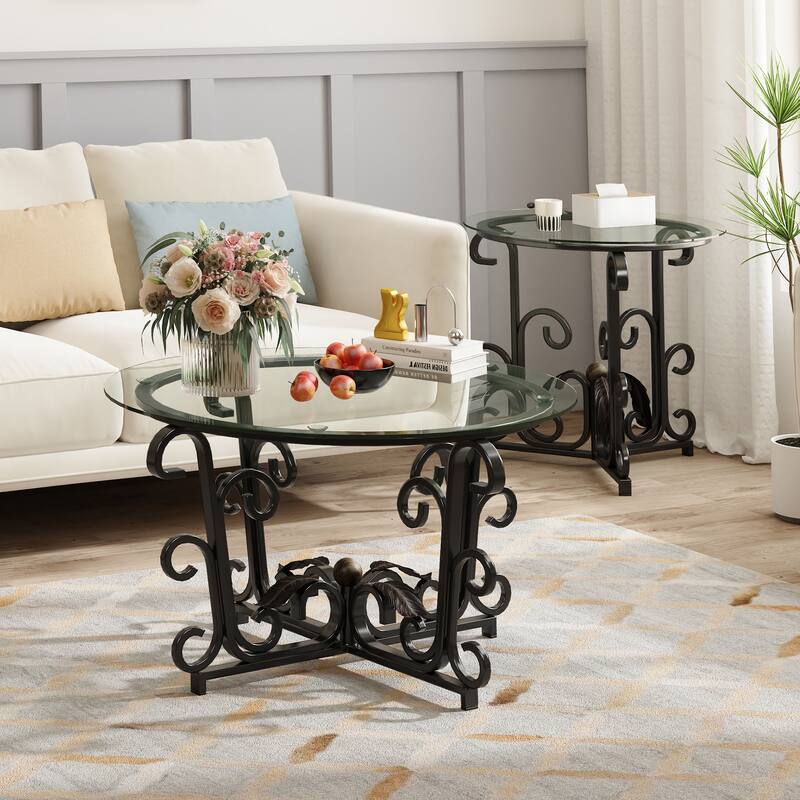 Anmytek 3 Piece Modern Space Saving Coffee Table Set with 2 End Tables Tempered Glass Top Sturdy Metal Frame