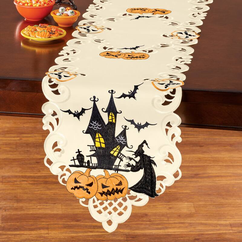 Frightful Night Embroidered Witches and Jack-O'-Lanterns Table Linens - Runner