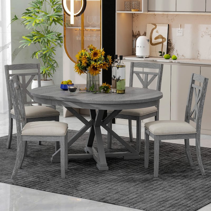 5-Piece Retro Functional Dining Table Set Extendable Round Table and 4 Upholstered Chairs for Dining Room and Living Room - Grey