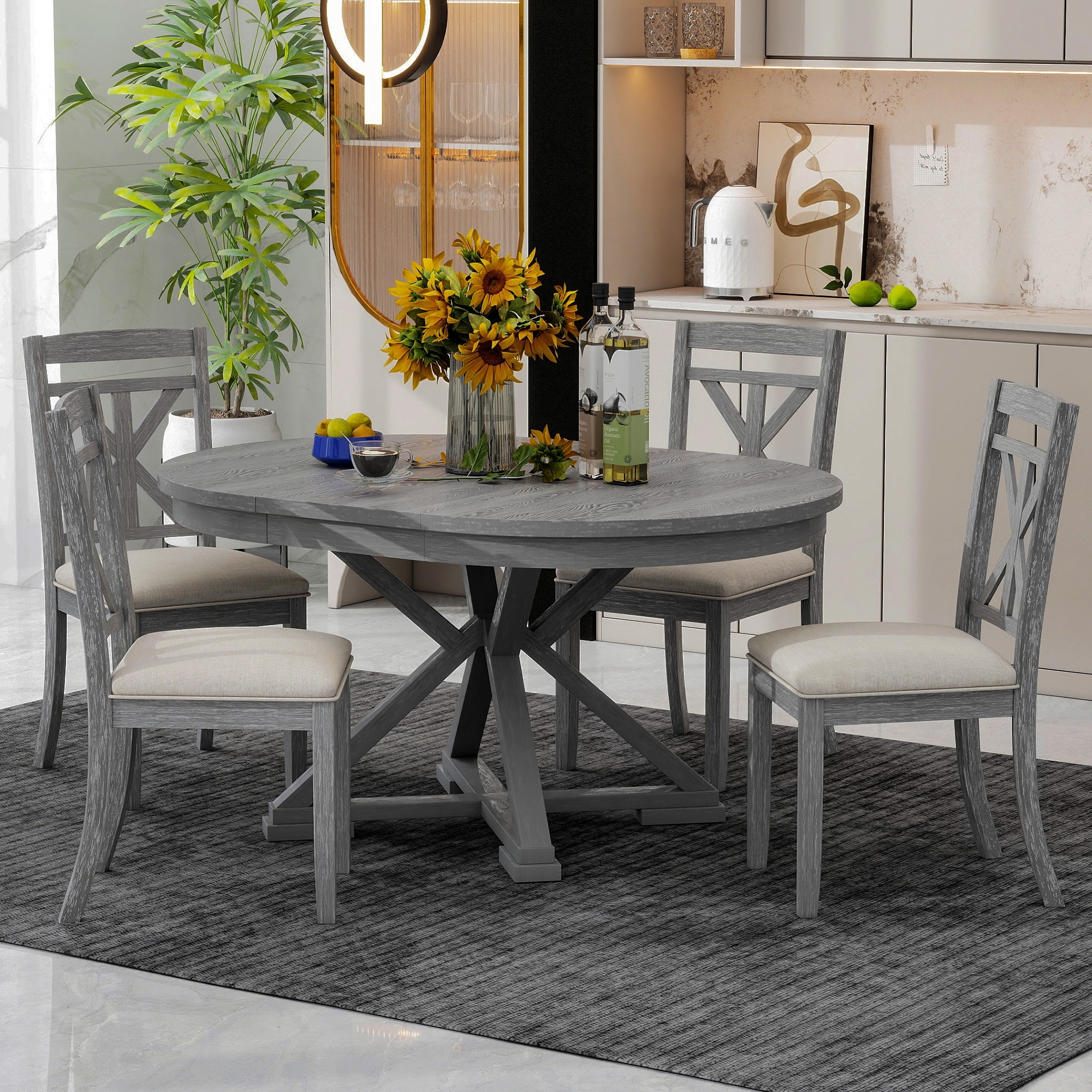 5-Piece Retro Functional Dining Table Set Extendable Round Table and 4 Upholstered Chairs for Dining Room and Living Room