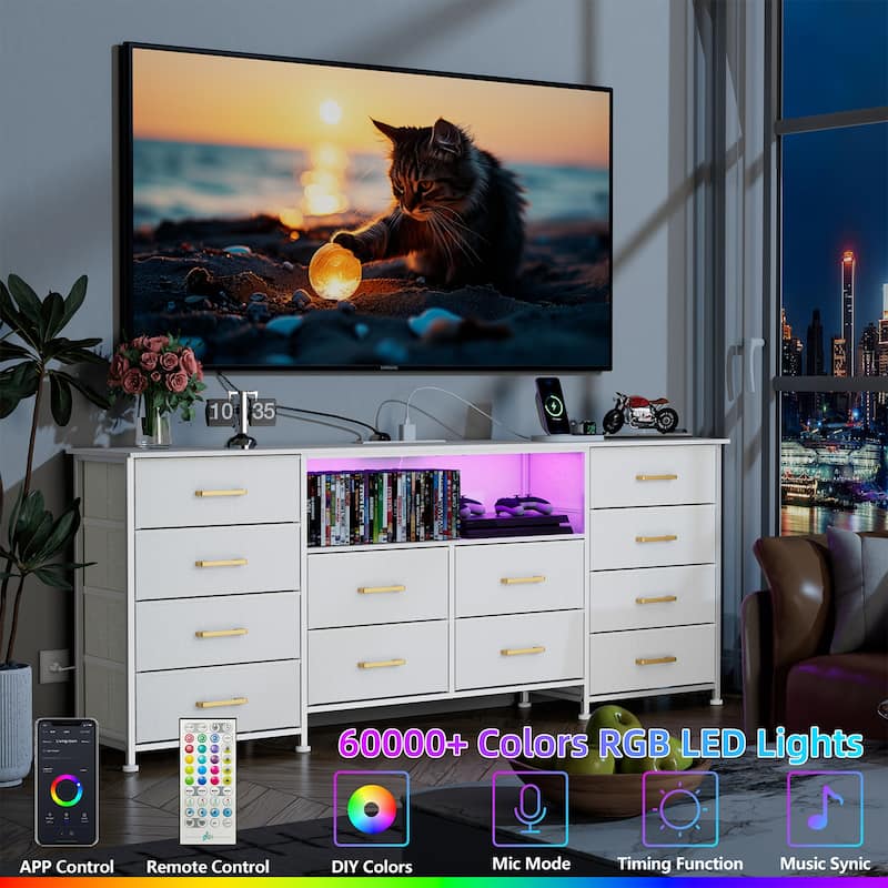 White Dresser for Bedroom with Power Outlets And LED Lights, TV Pedestals, Large Size TV Stand with 12 Drawers