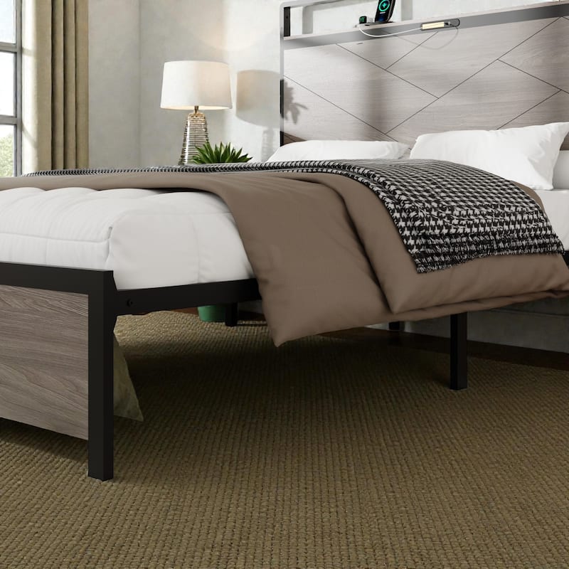 Modern Metal Platform Bed Frame with Wood Headboard LED Lights, USB & Type-C Charging Station, Large Underbed Storage