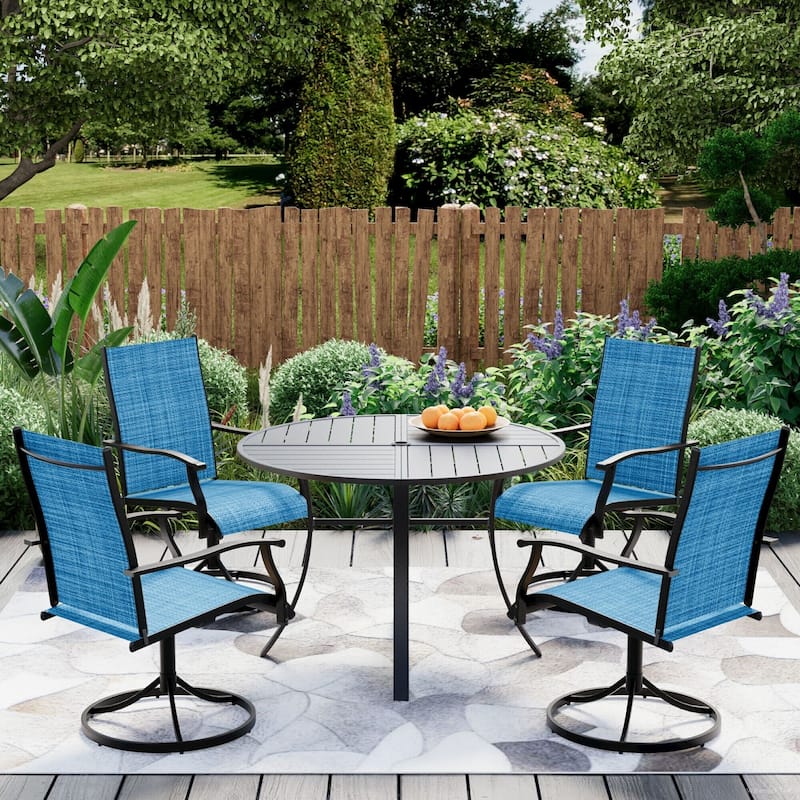 Patio Dining Set with Textilene Chairs / Swivel Rockers, Table w Adjustable Umbrella Hole - 5 Piece Round - Swivel--Blue