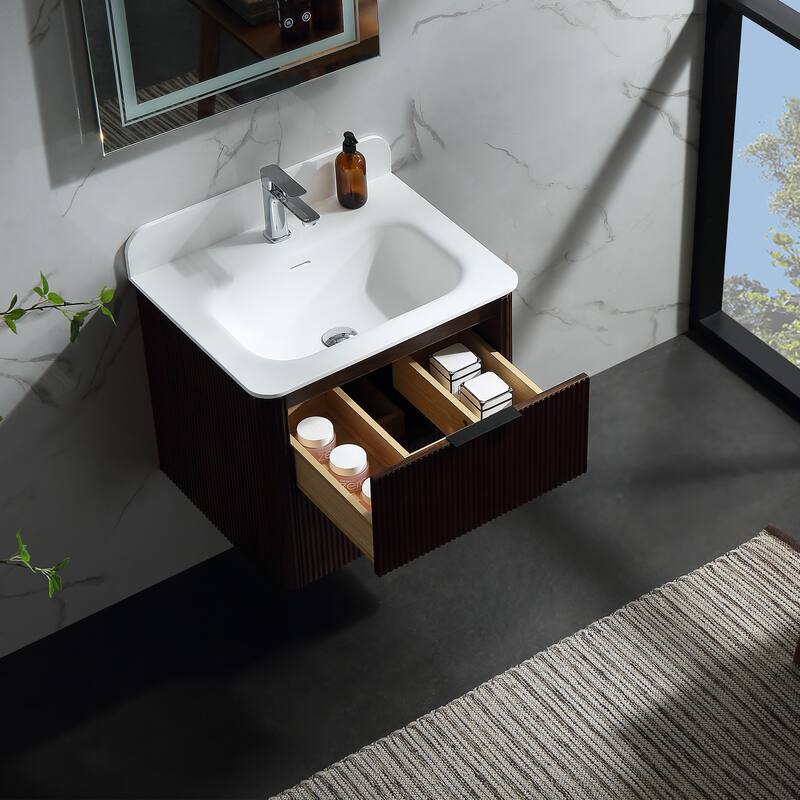 Modland Fluted Floating Vanity with Sink, Plywood Wall Mount Cabinet, Curved Edge, 24/30/36 Inch