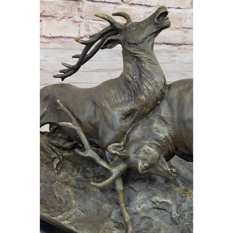 Two Elk Fighting Bronze Sculpture Animal Wildlife Marble Base Figurine Figure
