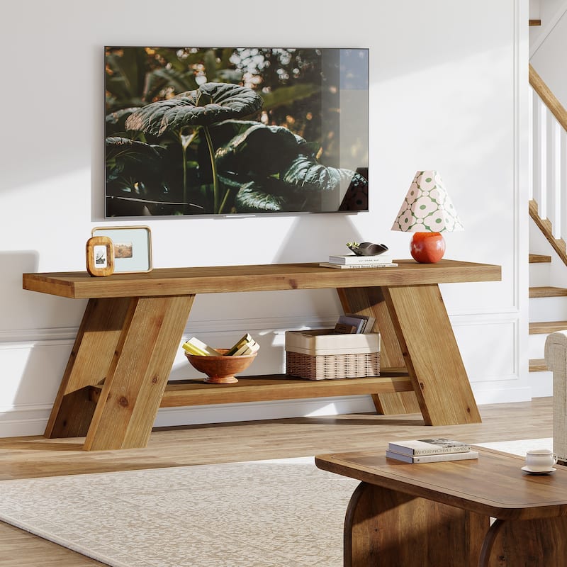 Solid Wood TV Stand for 55/60/65-inch TVs, Entertainment Center with 2 Tier Shelf