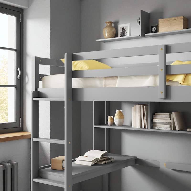 Twin Size Loft Bed with Desk and Shelves, Solid Pine Wood Frame with Guardrails and Built-in Ladder
