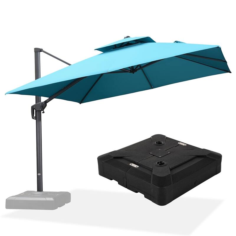 PURPLE LEAF 10ft Square Cantilever Umbrellas with Tilt-and-Crank with Base - Turquoise Blue