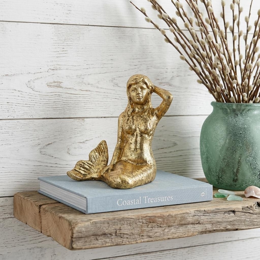 HomeRoots 6" Antiqued Brass Cast Iron Mermaid Hand Painted Statue Tabletop Sculpture - 7.00 in. x 6.25 in. x 4.50 in.