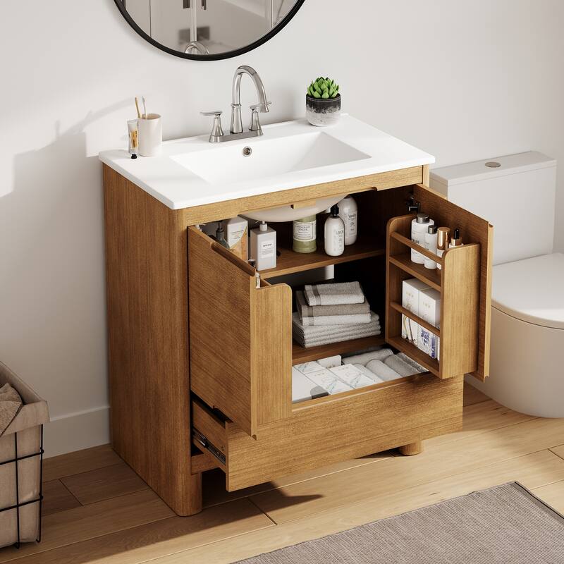 30" Modern Solid Wood Frame Bathroom Vanity Set with Ceramic Sink, Natural Wood Grain Cabinet & Soft-Close Doors