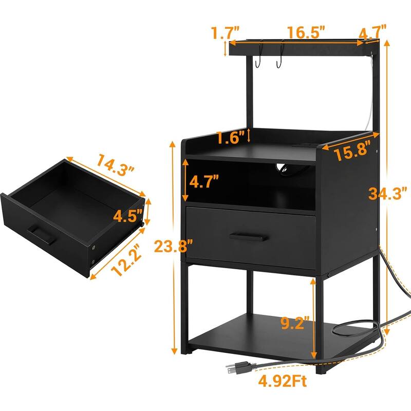 Nightstand with 1 Drawer Shelf USB Ports End Side Table