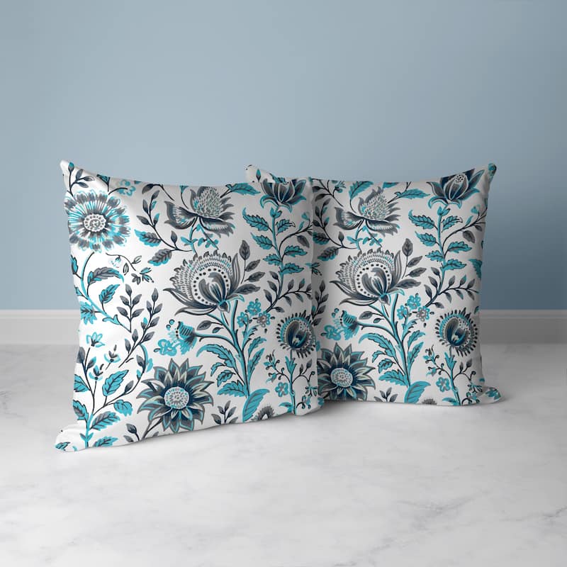 Grey And Turquoise Sanganeri Block Print Faux Suede Throw Pillow Zipper