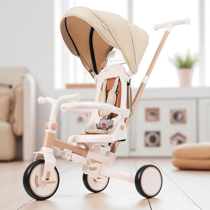7-in-1 Baby Tricycle for Toddlers Ages 1-6, Foldable Push Trike with Parent Handle, Canopy, Guardrail & Pedals - Light Brown