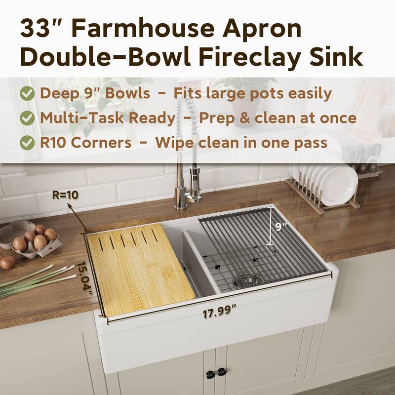 33 in. Farmhouse Double Bowl White Fireclay Workstation Kitchen Sink Complete Set - Drying Rack & Cutting Board Included