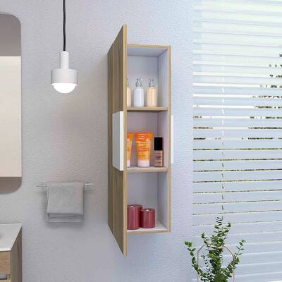 Medicine Cabinet, Three Shelves, Single Door, White / Light Oak Finish