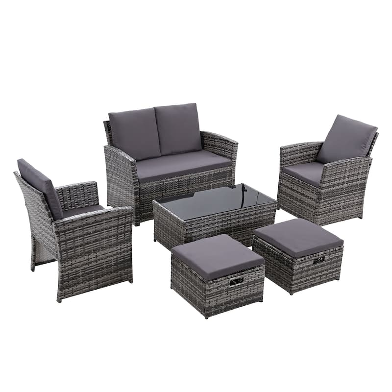 6pcs Wicker Patio Conversation Set Seating Loveseat Sofa with Ottomans