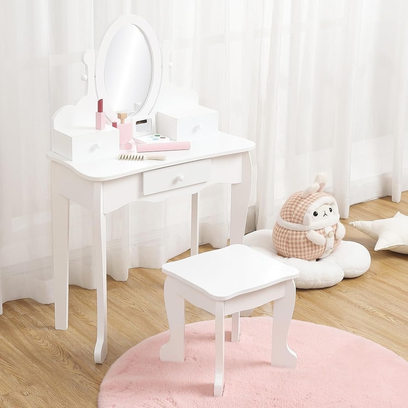 Girls Makeup Vanity Table Set with Stool, Dressup Playset - White