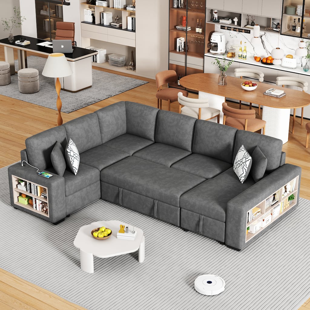 Grey 109" U-Shaped 6-Seat Sofa with Pull-Out Bed and Storage Chaise