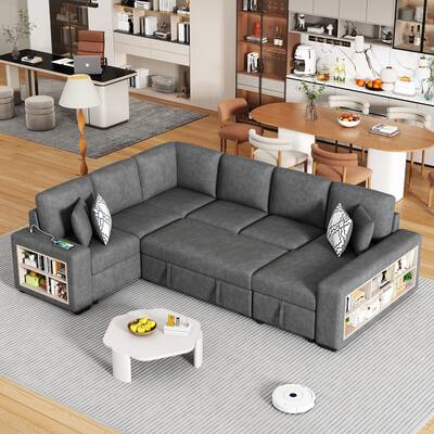 Grey 109" U-Shaped 6 Seater Sectional Sofa with Pull-Out Bed, Storage Chaise Lounge, 4 Back Pillows, and USB Charging Ports
