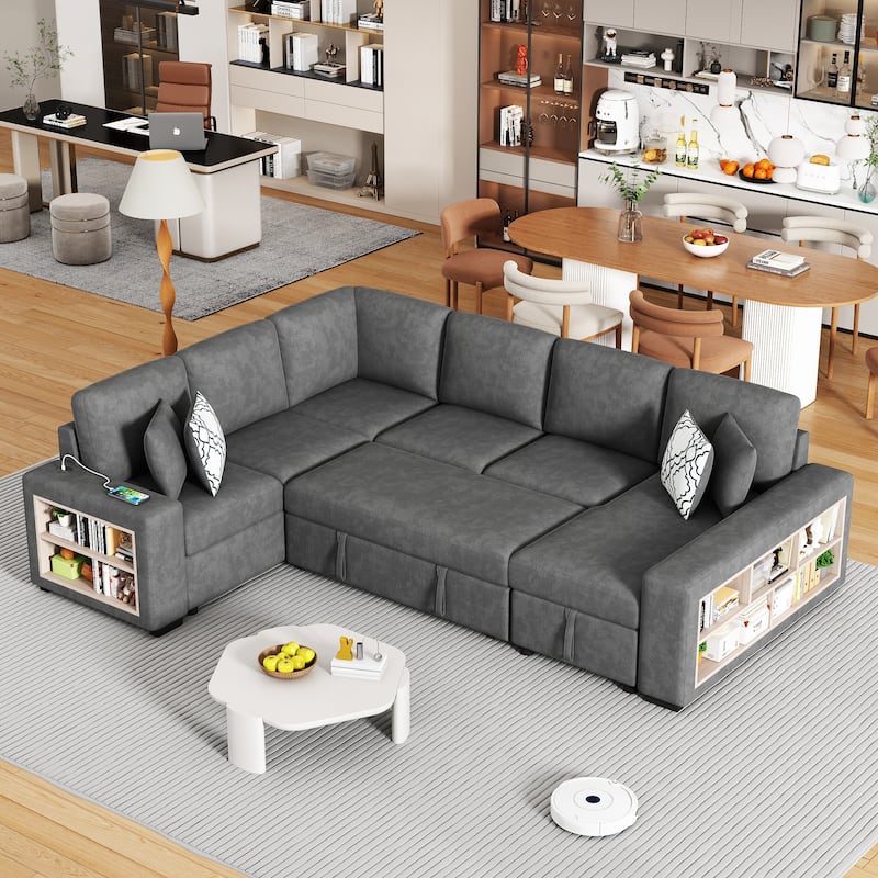 Roomfitters U-Shaped Sectional Sofa with Pull-Out Bed, Two USB Ports, Storage Chaise Lounge, and Four Back Pillows - Grey