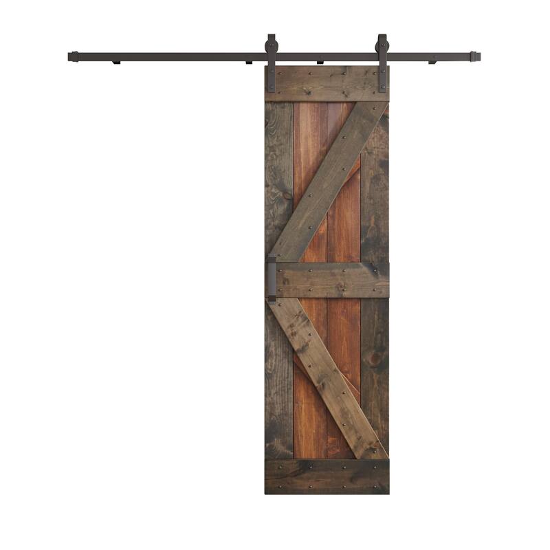 Coast Sequoia 30in x 84in K Series Multi-Color Pine Wood Sliding Barn Door With Hardware Kit - Dark Walnut / Aged Barrel