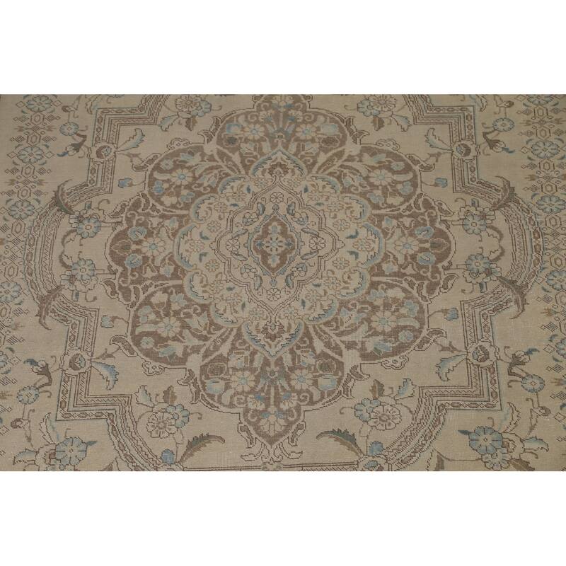 Hand Knotted Oriental 100% Wool Carpet Traditional Floral Beige & Ivories Tabriz Area Rug - 12' 9'' X 9' 7''